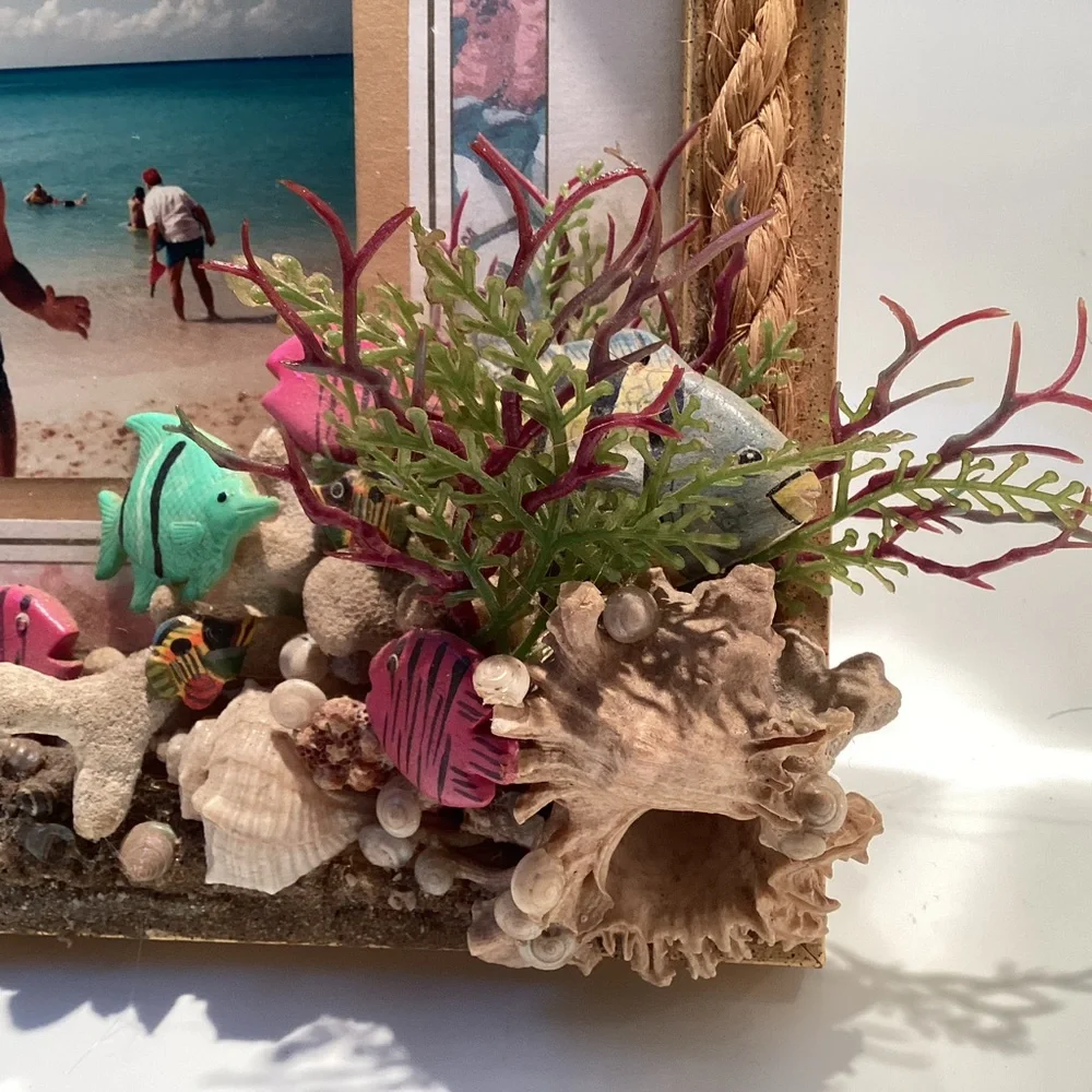 Island inspired handmade picture 3D frame fish, coral, shells and bling